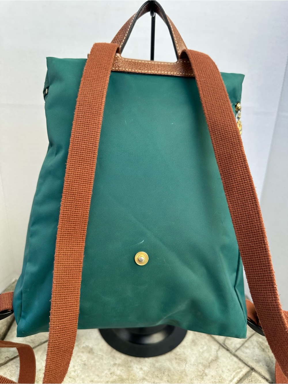 Longchamp Green Nylon Backpack with Brown Leather Flap - Picture 2 of 10